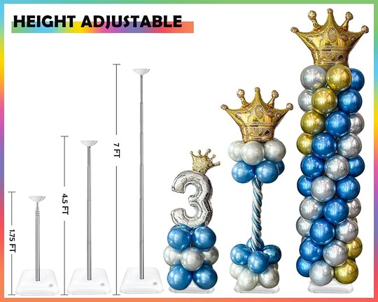 Set of 2 Balloon Column Stand Kit, 7 Feet Height Adjustable Balloon Tower Pillar with Reusable Metal Telescopic Design for Birthday, Wedding, Baby Shower, Graduation Party Decoration